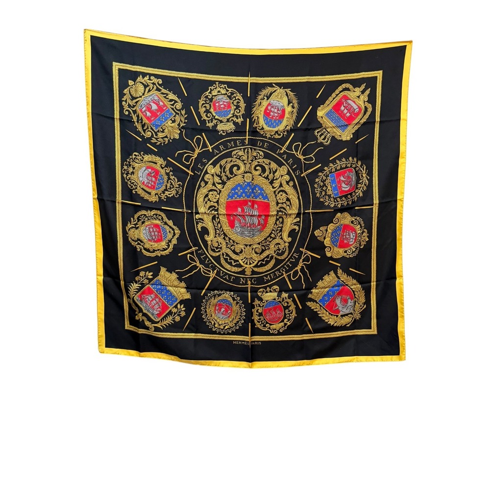 Hermès Les Armes de Paris Silk Scarf Black Gold Red by Hugo Grygkar Vintage - Picture 2 of 8